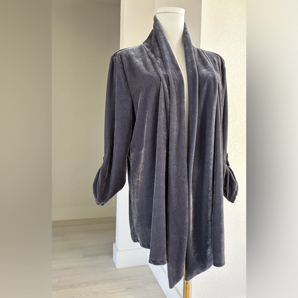 Zena Y2K Vintage Gray Velvet Open Front Cardigan Tabbed Sleeves Womens Small